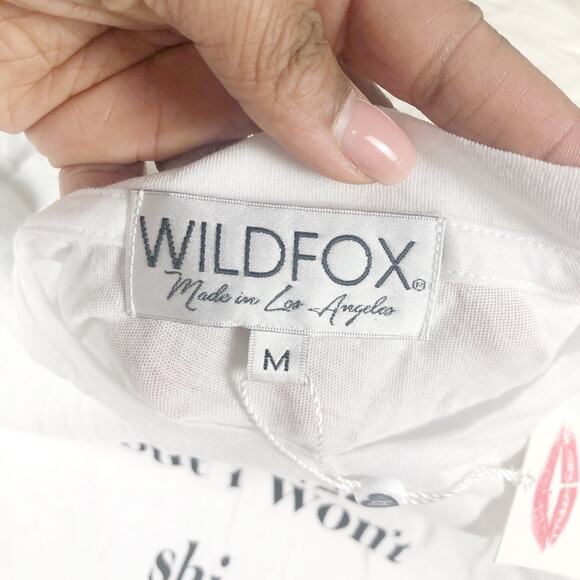 Wildfox Women's Sydney Rise & Shine Ruffled Graphic Tee White Cropped Bottom Hem - Picture 3 of 5